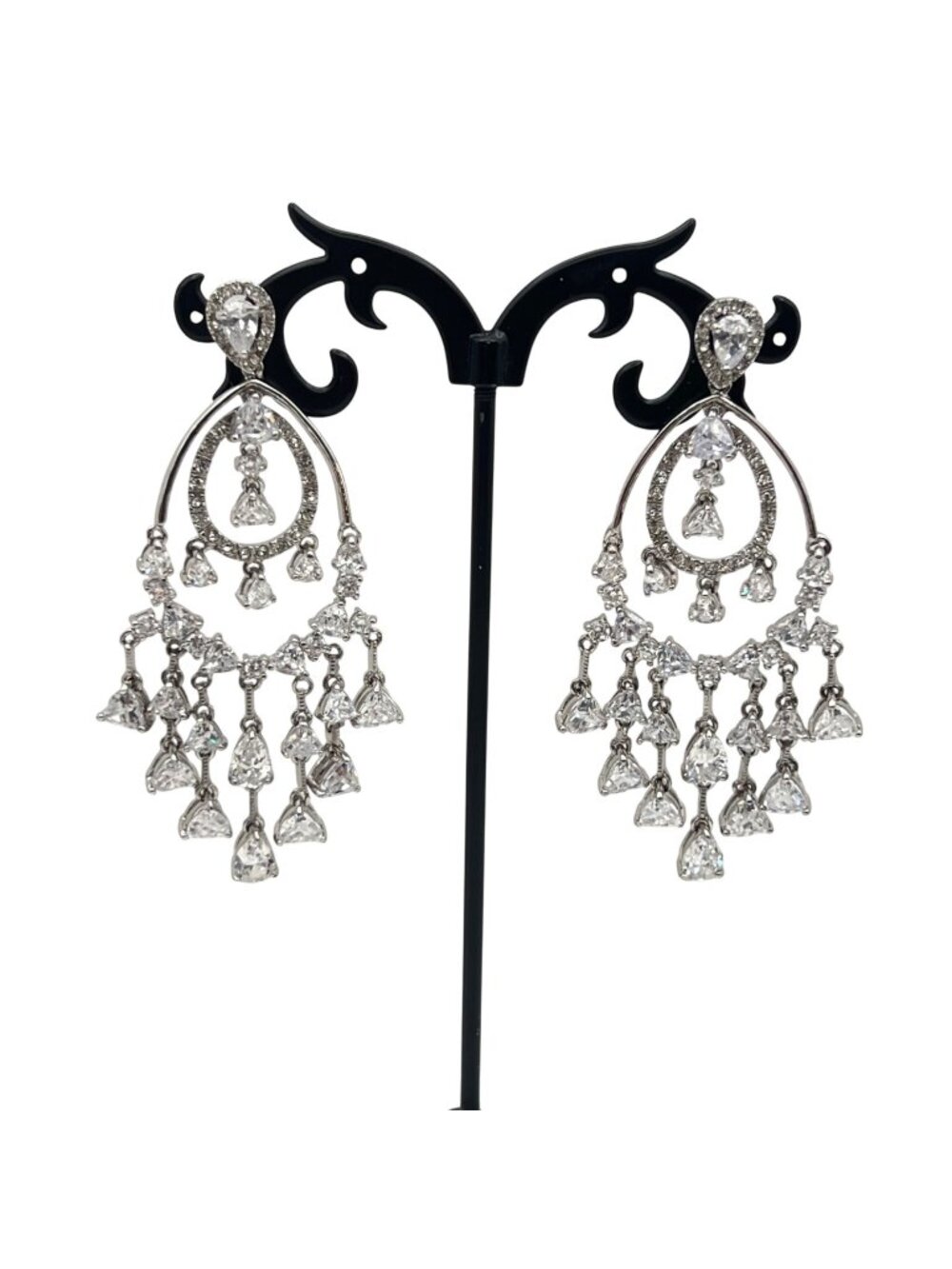 Cubic Zirconia Chandelier Earrings 3" Dangle Silver-Tone Bridal Prom Pageant